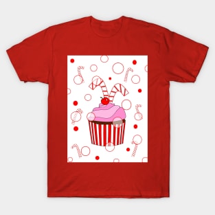 RED Festive Christmas Cupcake With Candy Canes T-Shirt